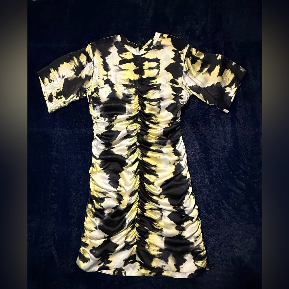 GANNI Silk Black and Yellow Ruched Dress